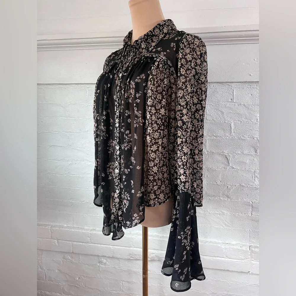 FreePeople Serena Black Floral Blouse Sheer Button Up Ditzy Cottage Witch Size M - Picture 4 of 16